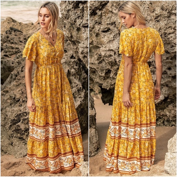 Dresses & Skirts - Floral print v neck lace up ruffle hem maxi dress